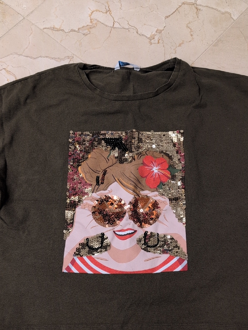 Mayoral Olive Green Tee with Multicolor Sequin Face 18 Yrs Old